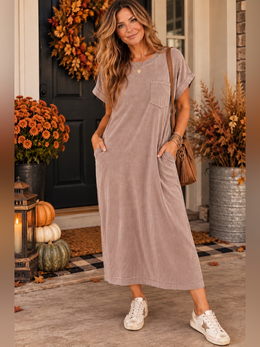 NWOT Zenana 100% Cotton Taupe T-Shirt Maxi Dress w/ Pockets M